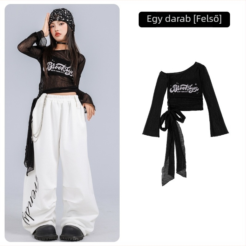 Gyerekeknek szóló jazz tánc kostüm, crop top és hosszú ujjú, koreai stílusú, pamut anyagból, 8 éves kortól