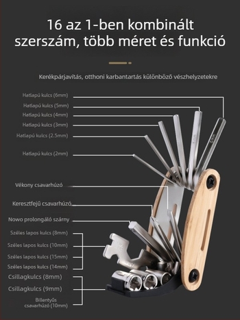 Kerékpárjavító szerszámkészlet bambusz váz és rozsdamentes acélból, 16 az 1-ben, mountain és road kerékpárokhoz, Linding