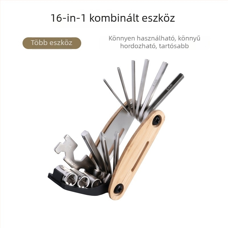 Kerékpárjavító szerszámkészlet bambusz váz és rozsdamentes acélból, 16 az 1-ben, mountain és road kerékpárokhoz, Linding