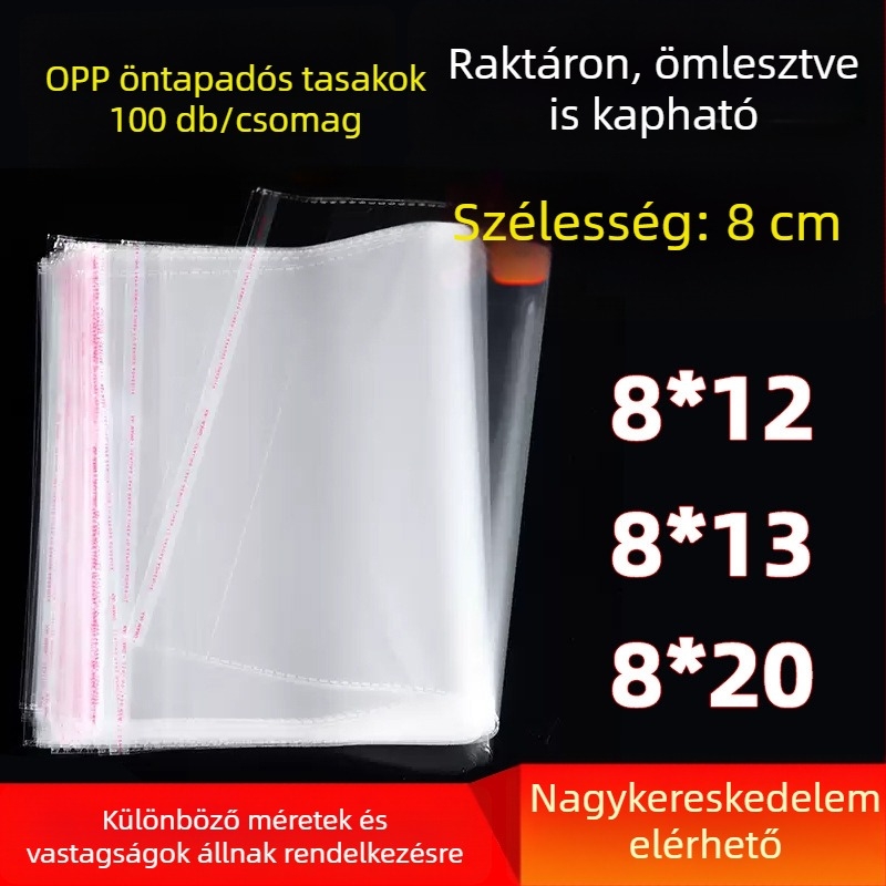 OPP önzáró tasakok, 8 cm szélességűek, polipropilén, ajándék- és üdvözlőkártyák csomagolásához, önzáró, nagykereskedelem