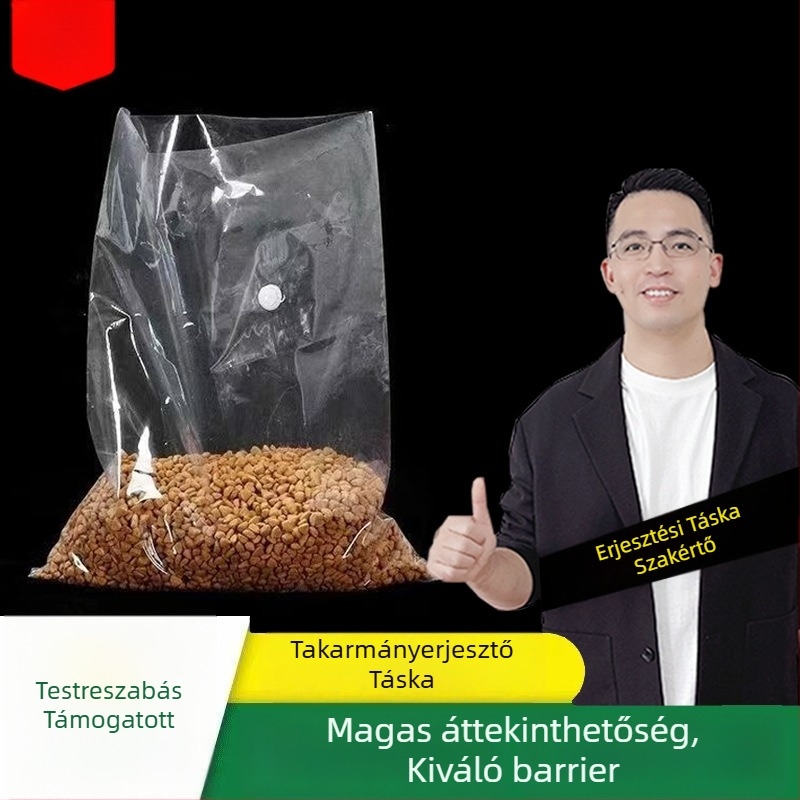 Átlátszó takarmány-fermentáló zacskó egyirányú kiáramló szeleppel, hét rétegű koextrudált PE-filmmel