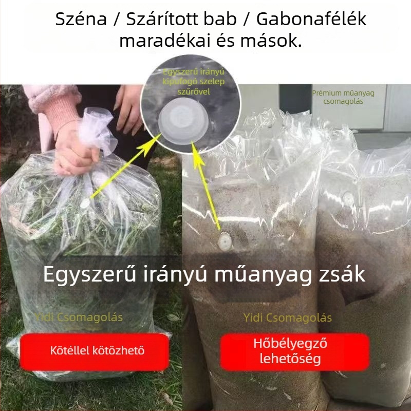Átlátszó takarmány-fermentáló zacskó egyirányú kiáramló szeleppel, hét rétegű koextrudált PE-filmmel