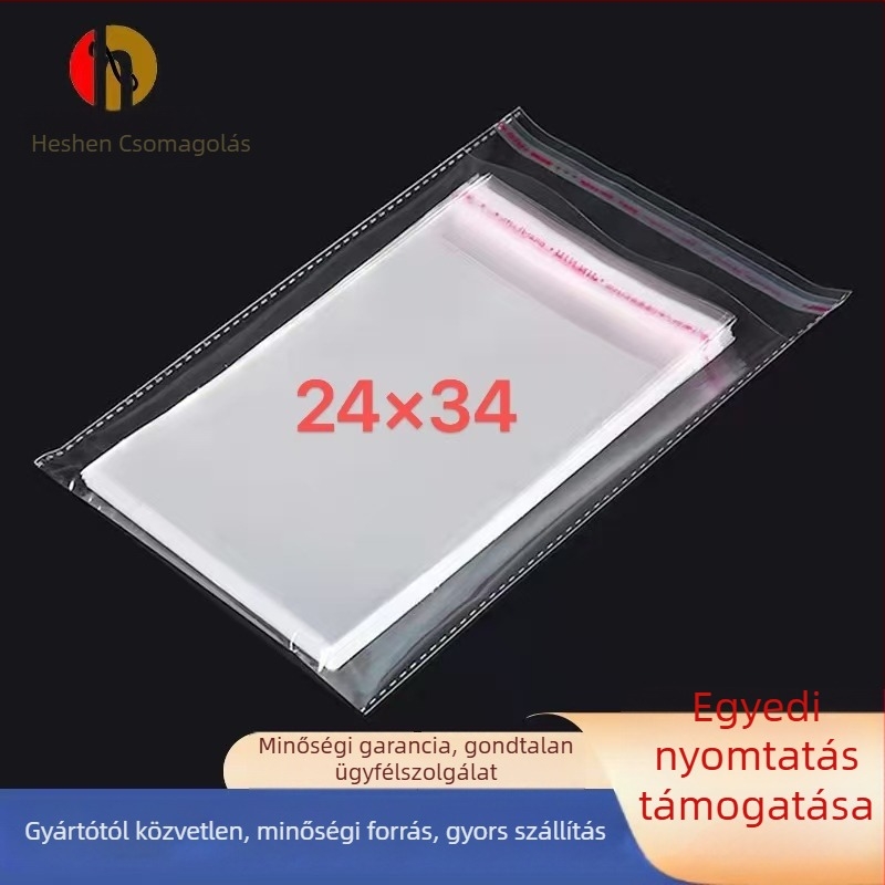 Nyomtatott OPP öntapadós tasak, átlátszó, ruházati csomagoláshoz, zárási hossz 4 cm.