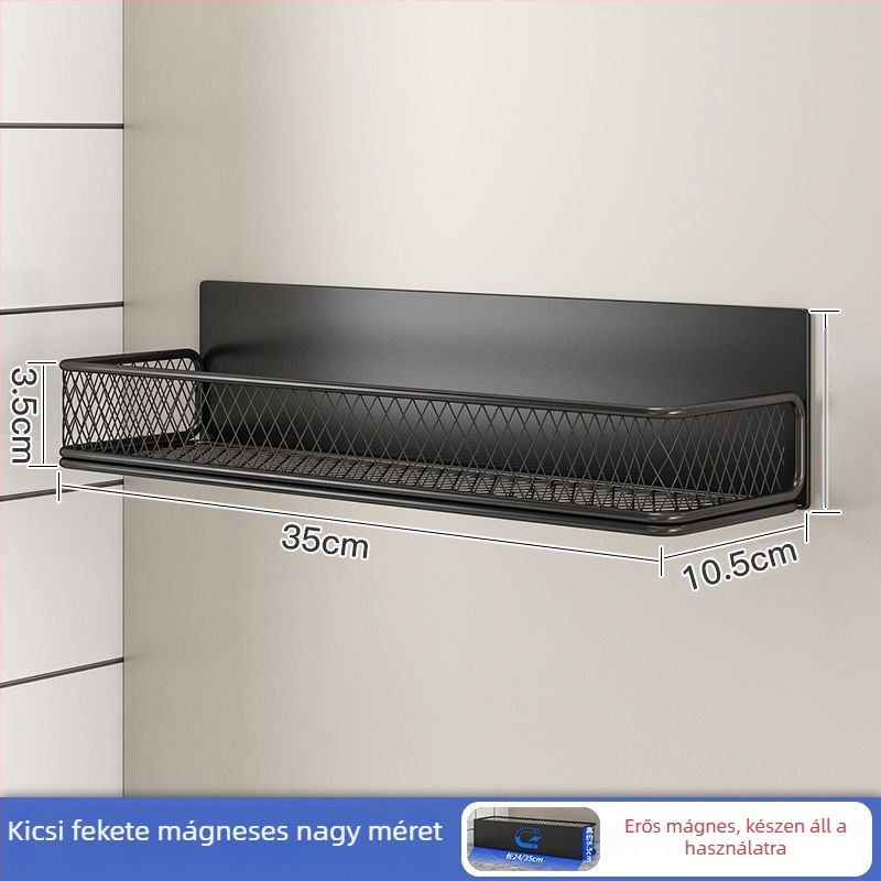 Mágneses konyhai tárolóállvány | Többcélú, egyemeletes, szénacélból, falra szívó rögzítés, Fúrás nélkül