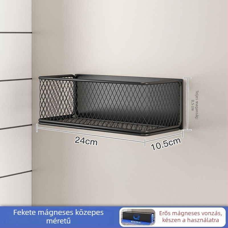 Mágneses konyhai tárolóállvány | Többcélú, egyemeletes, szénacélból, falra szívó rögzítés, Fúrás nélkül