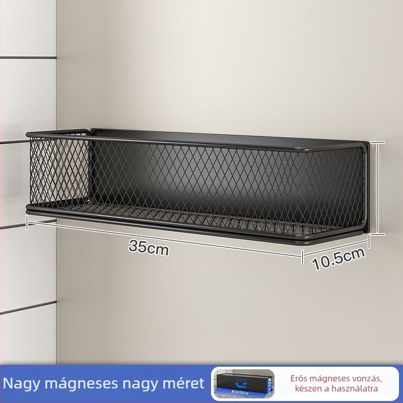 Mágneses konyhai tárolóállvány | Többcélú, egyemeletes, szénacélból, falra szívó rögzítés, Fúrás nélkül