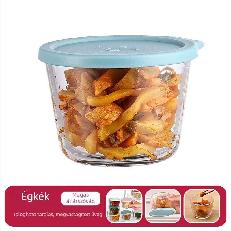 Kerek formájú hőálló üveg savanyúság-tároló, 301–500 ml, mikróban használható, szorosan záró fedél