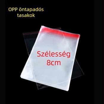 OPP öntapadós zacskók, 8 cm szélesek, átlátszóak, címkével ruhák csomagolásához