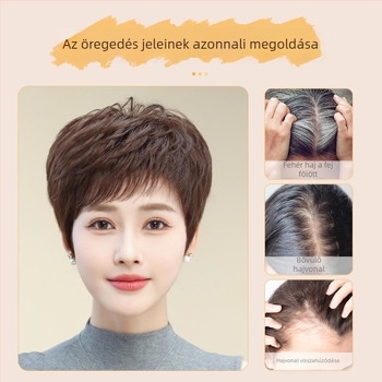 Női paróka, rövid, egyenes haj, valódi emberi haj, kézzel szőtt, Qi bangs, középkorú és idősebb nők számára