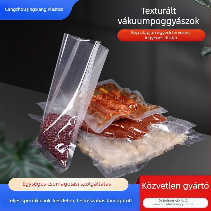 Texturált vákuumzacskó élelmiszer-tároláshoz, átlátszó műanyagból, alkalmas főtt ételek tárolására