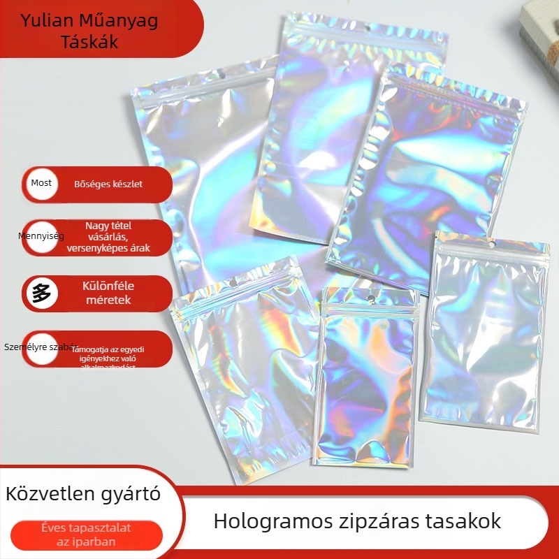 Lézeres önzáró zipzáros tasak – átlátszó PET lézer-kompozit, Yulian márka, ékszerekhez, csomagoláshoz digitális termékekhez, tokkok és tartozékok csomagolásához, zárási hossz 1–50 cm