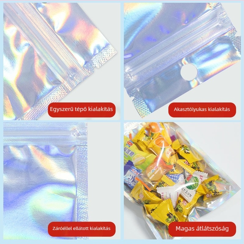 Lézeres önzáró zipzáros tasak – átlátszó PET lézer-kompozit, Yulian márka, ékszerekhez, csomagoláshoz digitális termékekhez, tokkok és tartozékok csomagolásához, zárási hossz 1–50 cm