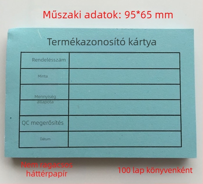 Termékazonosító kártya – téglalap alakú írópapírból készült kártya, gépi nyomtatás, vastagság 0,008, modell 95X65, írásra kézzel