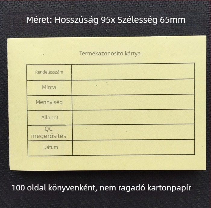Termékazonosító kártya – téglalap alakú írópapírból készült kártya, gépi nyomtatás, vastagság 0,008, modell 95X65, írásra kézzel