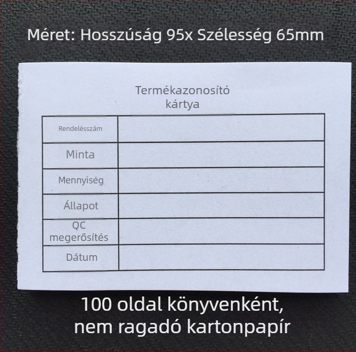 Termékazonosító kártya – téglalap alakú írópapírból készült kártya, gépi nyomtatás, vastagság 0,008, modell 95X65, írásra kézzel