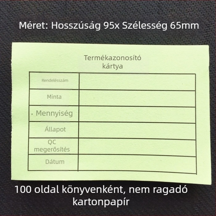 Termékazonosító kártya – téglalap alakú írópapírból készült kártya, gépi nyomtatás, vastagság 0,008, modell 95X65, írásra kézzel