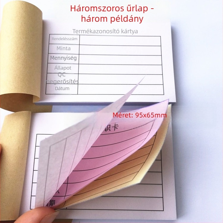 Termékazonosító kártya – téglalap alakú írópapírból készült kártya, gépi nyomtatás, vastagság 0,008, modell 95X65, írásra kézzel