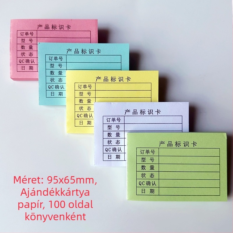 Termékazonosító kártya – téglalap alakú írópapírból készült kártya, gépi nyomtatás, vastagság 0,008, modell 95X65, írásra kézzel