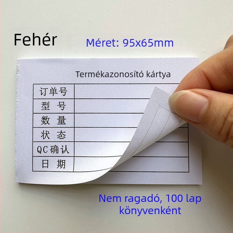 Termékazonosító kártya – téglalap alakú írópapírból készült kártya, gépi nyomtatás, vastagság 0,008, modell 95X65, írásra kézzel