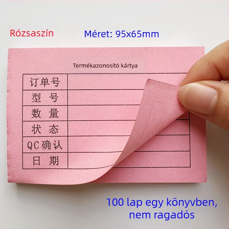 Termékazonosító kártya – téglalap alakú írópapírból készült kártya, gépi nyomtatás, vastagság 0,008, modell 95X65, írásra kézzel