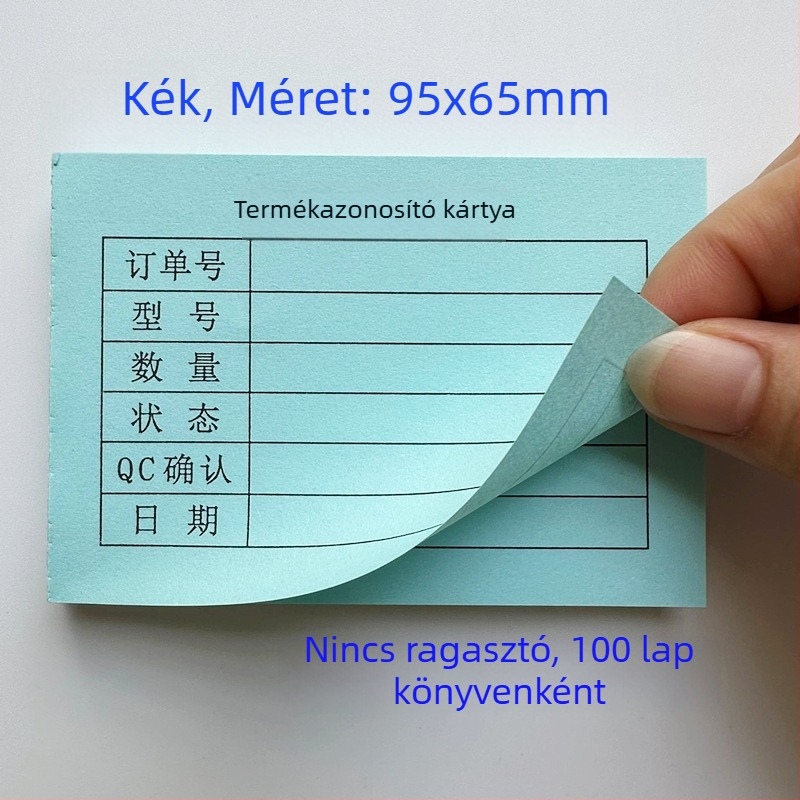 Termékazonosító kártya – téglalap alakú írópapírból készült kártya, gépi nyomtatás, vastagság 0,008, modell 95X65, írásra kézzel