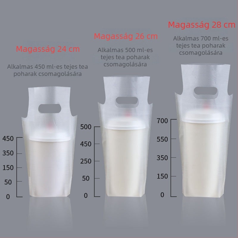 Egyszer használatos, átlátszó műanyag tasak tejes tea csomagolásához, egy vagy két pohárhoz