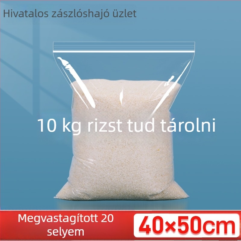 Átlátszó, nagy, 20 mil vastag öntapadós zacskó, 10 kg rizs és száraz élelmiszerek, például bambusz hajtások és tea tárolására
