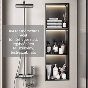 304 rozsdamentes acélból készült beépített niche fürdőszobai tároló négy polccal, sütőfesték bevonat, teherbírás 20 kg, Defens