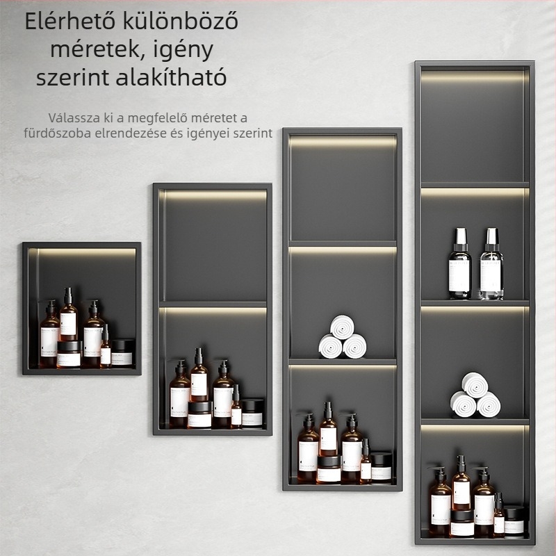 304 rozsdamentes acélból készült beépített niche fürdőszobai tároló négy polccal, sütőfesték bevonat, teherbírás 20 kg, Defens
