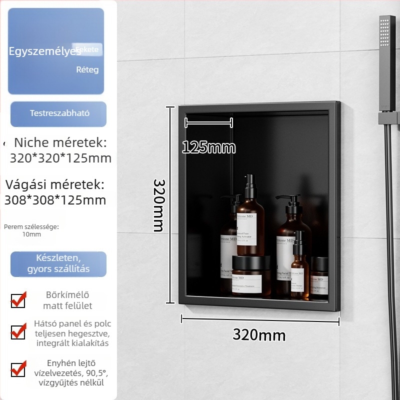 304 rozsdamentes acélból készült beépített niche fürdőszobai tároló négy polccal, sütőfesték bevonat, teherbírás 20 kg, Defens