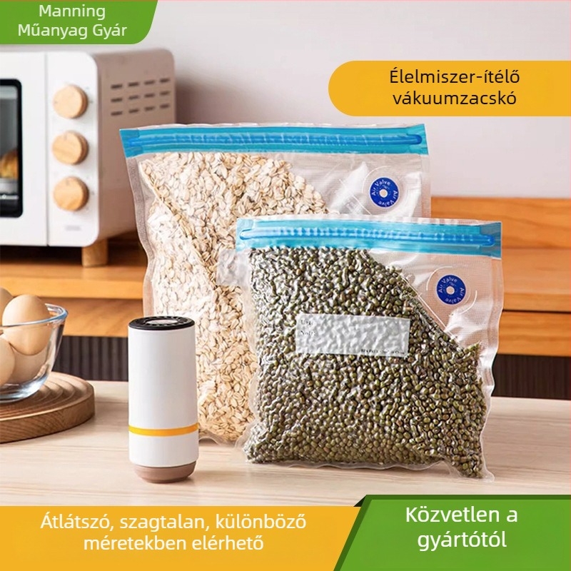 Élelmiszer-vákuumtasakok, speciális vákuumos tasakok hűtőszekrényhez, újrahasznosíthatóak, szagtalanok, zárt vákuum tömítőtasakok