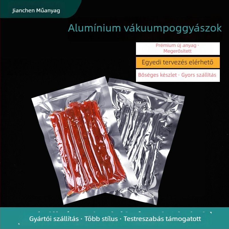 Alumíniumozott Yin‑Yang élelmiszer csomagoló tasak, vastagabb fényes áttekinthető alumíniumfóliával — főtt hús tartósítására (Eredet: Cangzhou, Hebei; Termékkód: 005; Használat: általános élelmiszer csomagolás; Napi kapacitás: 10000)