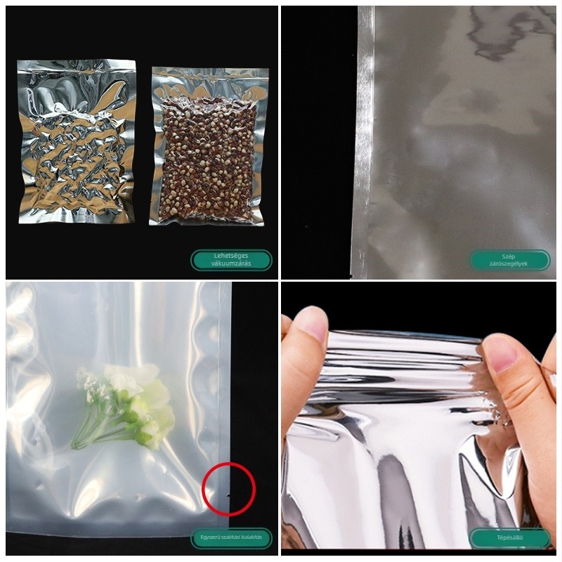 Alumíniumozott Yin‑Yang élelmiszer csomagoló tasak, vastagabb fényes áttekinthető alumíniumfóliával — főtt hús tartósítására (Eredet: Cangzhou, Hebei; Termékkód: 005; Használat: általános élelmiszer csomagolás; Napi kapacitás: 10000)