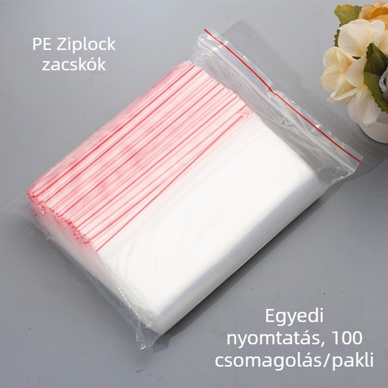 Önzáró átlátszó PE tasakok zipzárral, élelmiszer-csomagoláshoz, zárási hossz 2 cm