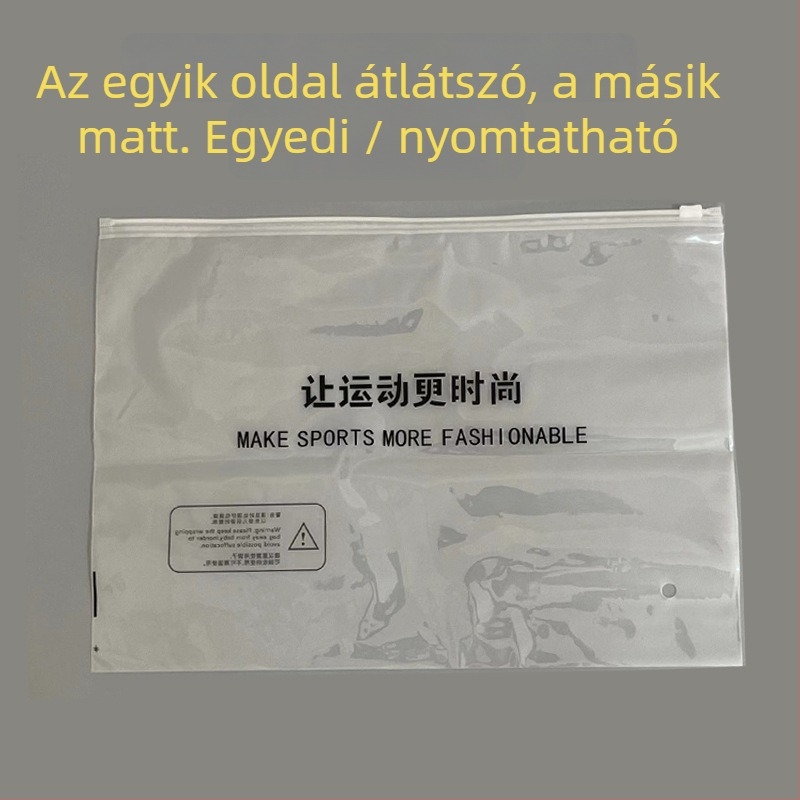 Ruházati csomagoló táska zipzárral, személyre szabott logóval — kétoldalas, egy átlátszó és egy matt oldal, ruhákhoz és zoknikhoz