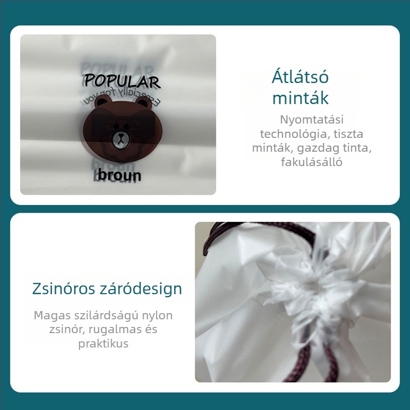 Mackó motívumú húzózsinóros tároló táska, két rétegű kivitel, matt felület, cipőknek, ruháknak és utazási kozmetikumoknak