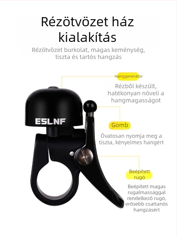 Kerékpárcsengő, alumíniumötvözetből, ESLNF (hivatalosan engedélyezett magánmárka), modell 08CL0097, univerzális illeszkedés hegymászó kerékpárokhoz.