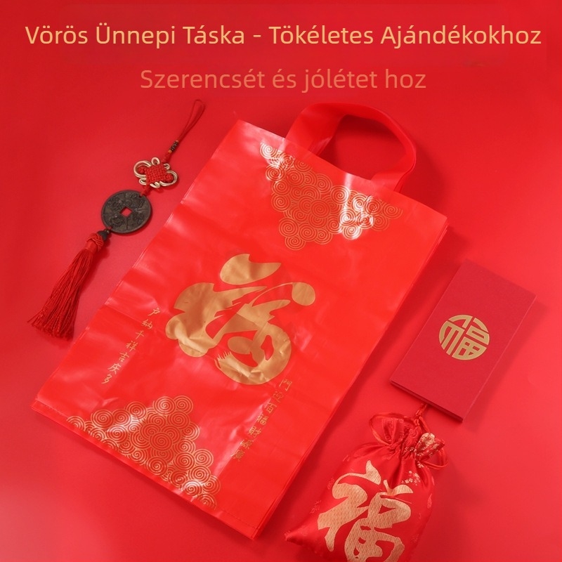 Vállon átvethető műanyag ajándéktáska ünnepi dizájnnal; logó nyomtatás elérhető; vastag kétoldalas anyag; alkalmas újévi ajándékokra