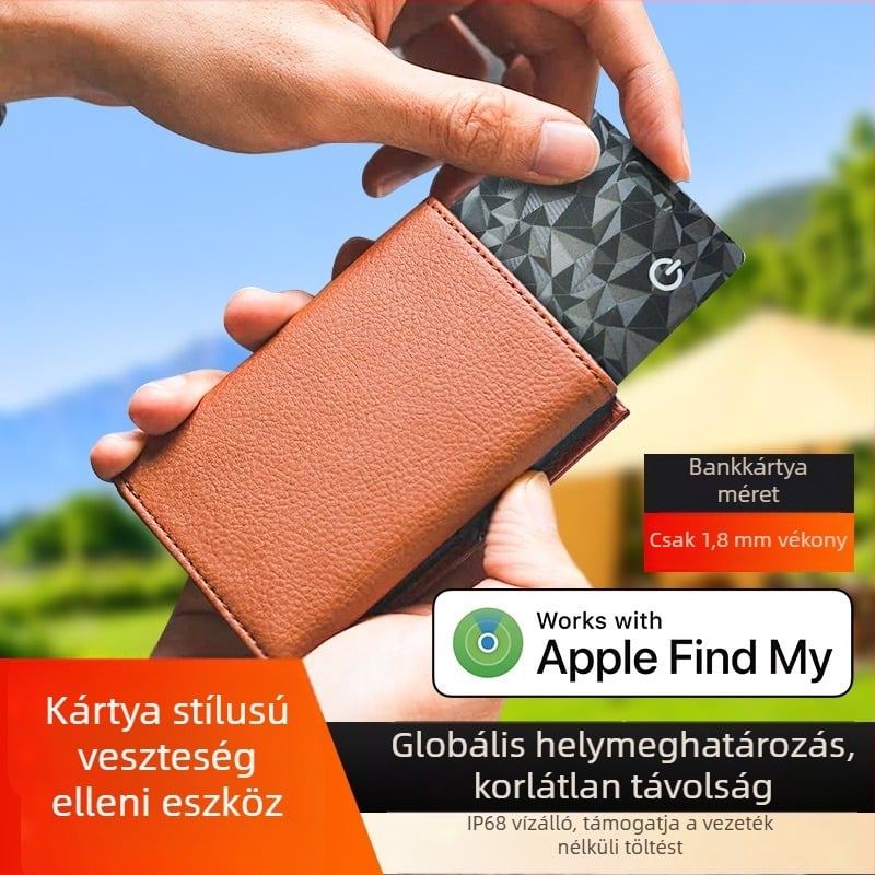 Kártya-formátumú intelligens nyomkövető iOS-hoz, vízálló, 30 m hatótáv, 13 g tömeg