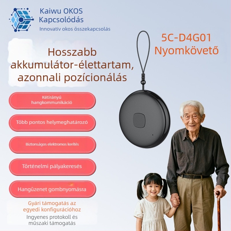 4G helymeghatározó hanghívással, Nano SIM kártyahely, GPS/BeiDou/WiFi/AGPS helymeghatározás, SOS riasztás, 650 mAh akkumulátor