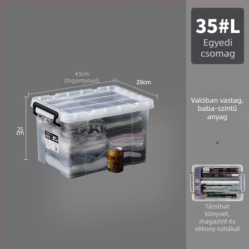 Átlátszó műanyag tároló doboz fedéllel, kapacitás 250–300 L, ruhák és paplanok számára; többfunkciós, por- és nedvességálló.