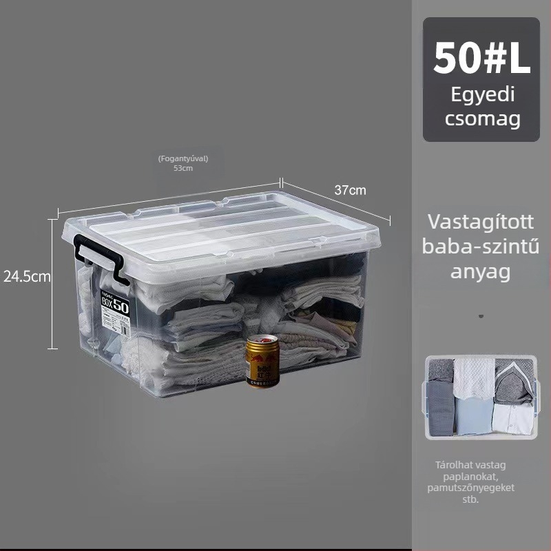Átlátszó műanyag tároló doboz fedéllel, kapacitás 250–300 L, ruhák és paplanok számára; többfunkciós, por- és nedvességálló.