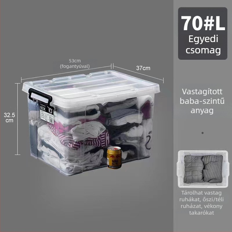 Átlátszó műanyag tároló doboz fedéllel, kapacitás 250–300 L, ruhák és paplanok számára; többfunkciós, por- és nedvességálló.