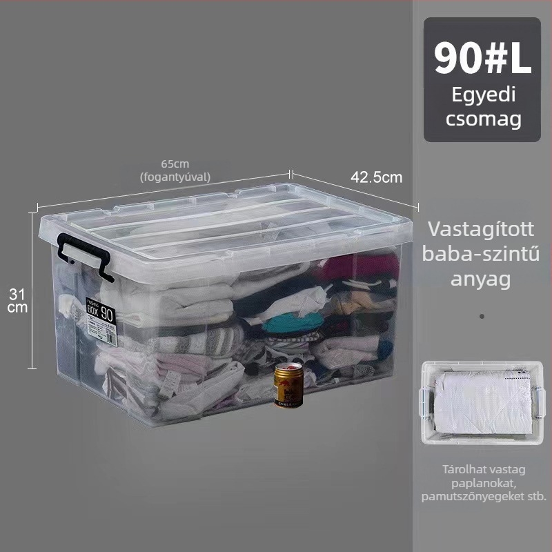 Átlátszó műanyag tároló doboz fedéllel, kapacitás 250–300 L, ruhák és paplanok számára; többfunkciós, por- és nedvességálló.