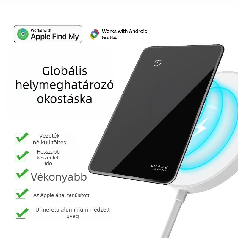 Trangjan P045 Kártya típusú anti-lopás nyomkövető vezeték nélküli töltéssel, Apple iOS-kompatibilis, Üveg anyag, globális hatótáv, <500 mAh akkumulátor