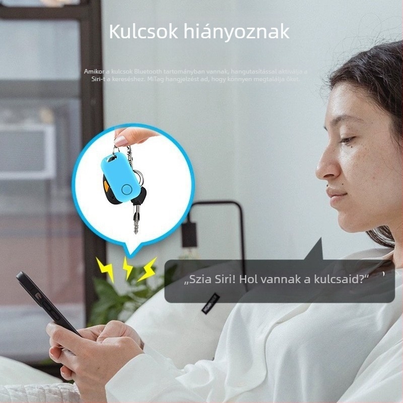 Bluetooth anti-lopás nyomkövető iOS-hoz, modell C8; hatótávolság 10–25 m; akkumulátor 240 mAh; tömeg 9 g.