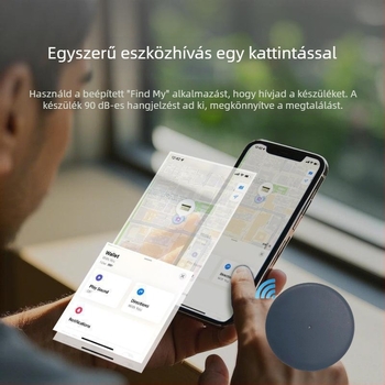 Ultra-vékony, kerek intelligens nyomkövető eszköz Find My-hoz; lopás elleni védelem a pénztárca, kulcsok és poggyász számára; iOS-kompatibilis, 50 m vezeték nélküli hatótávolság, 230 mAh akkumulátor, 7 g tömeg.