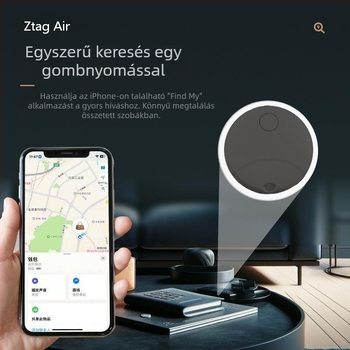 Mini körkörös intelligens tárgykereső – iOS Find My kompatibilis, MFi tanúsítvány, kulcstartó/nyakpánt viselhető, 230 mAh akkumulátor, 50 m hatótáv, súly 7 g