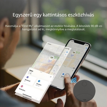 Mini körkörös intelligens tárgykereső – iOS Find My kompatibilis, MFi tanúsítvány, kulcstartó/nyakpánt viselhető, 230 mAh akkumulátor, 50 m hatótáv, súly 7 g