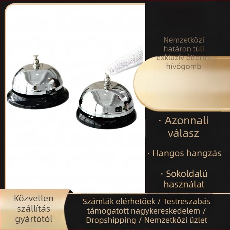 Rozsdamentes acélból készült ételszolgálati csengő, konyha- és bárhasználatra, logóval testreszabható.